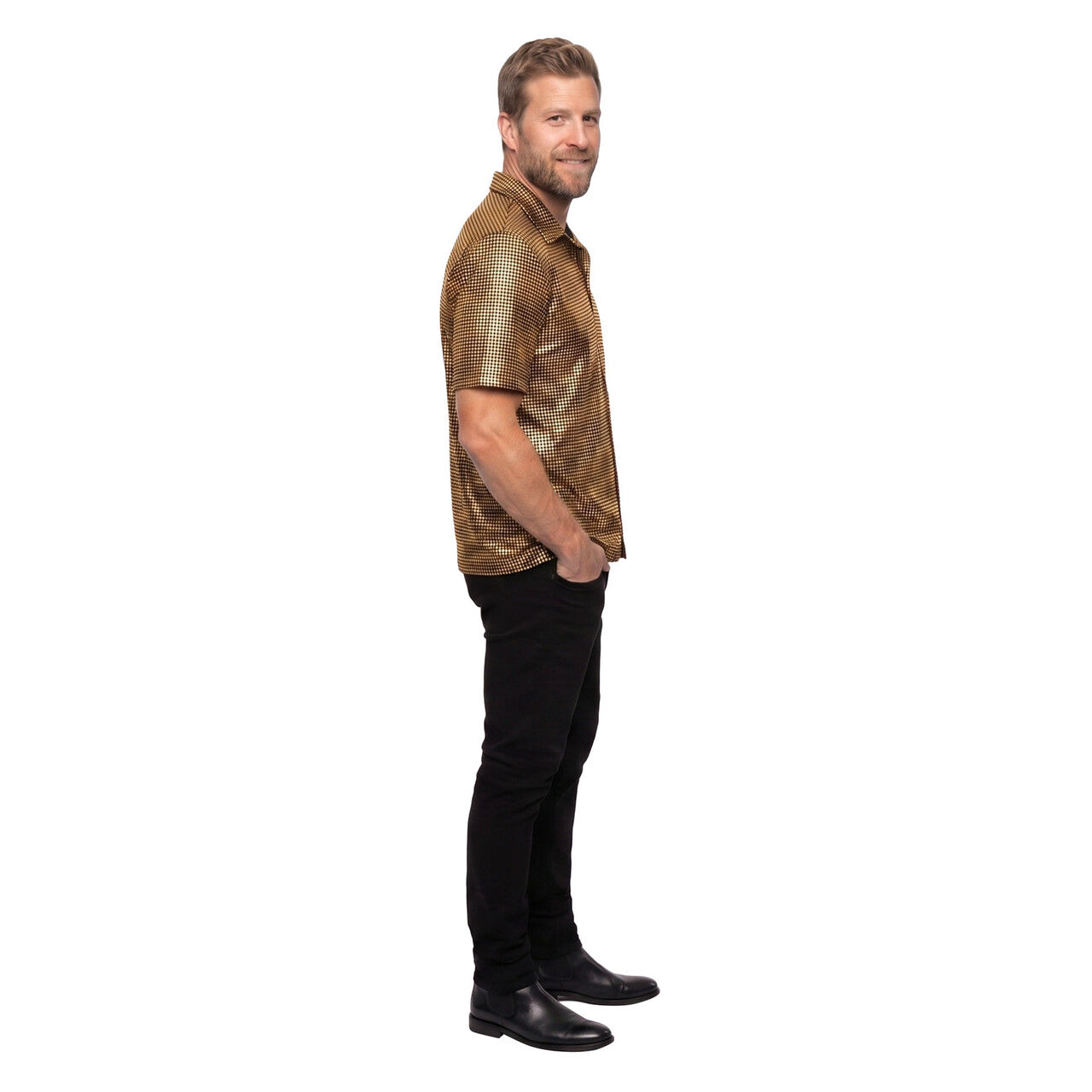 Op deze afbeelding zie je een Kostuums, van het merk Wilbers. Disco Inferno Polo Goud Man