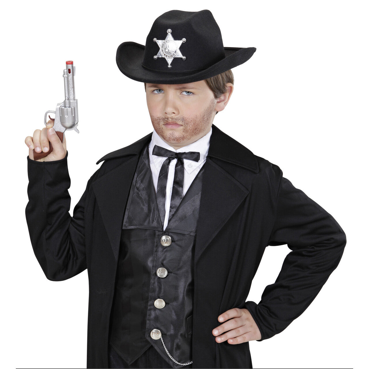 Op deze afbeelding zie je een Accessoires, van het merk Widmann. Cowboyhoed Zwart Met Sheriff Ster Kind