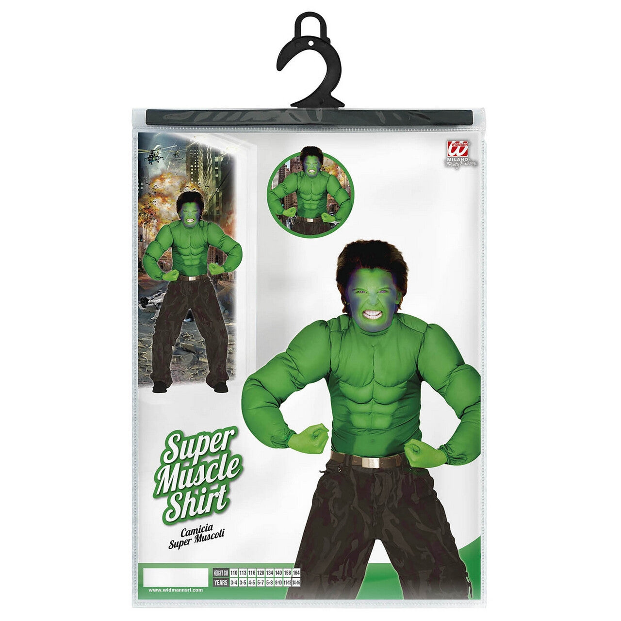 Op deze afbeelding zie je een Kostuums, van het merk Widmann. Machtig Spierenshirt Groen Kind Jongen