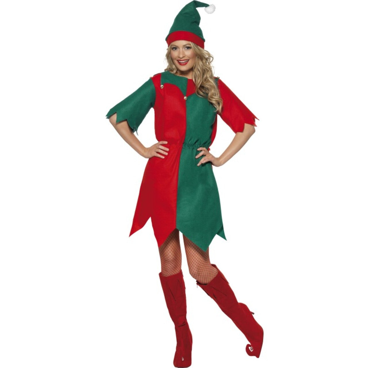 Op deze afbeelding zie je een Kostuums, van het merk Smiffy's. Groen-Rode Kerst Elf Vrouw Kostuum