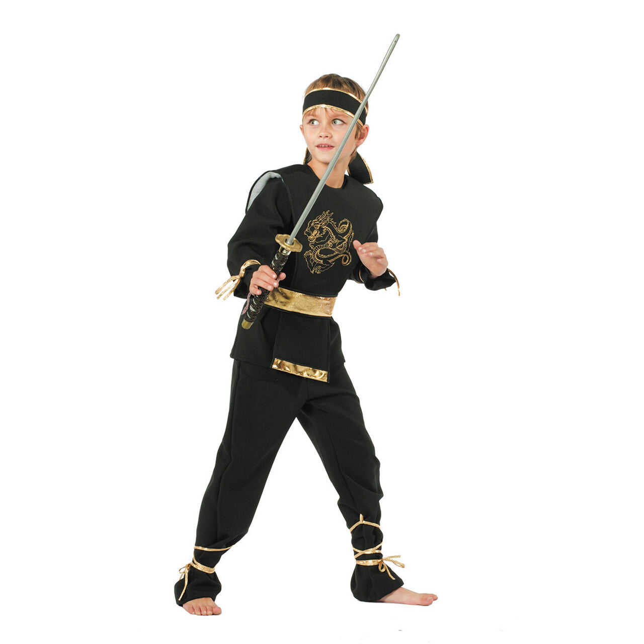 Op deze afbeelding zie je een Kostuums, van het merk Wilbers. High Kick Goud Zwarte Ninja Dragon Jongen Kostuum