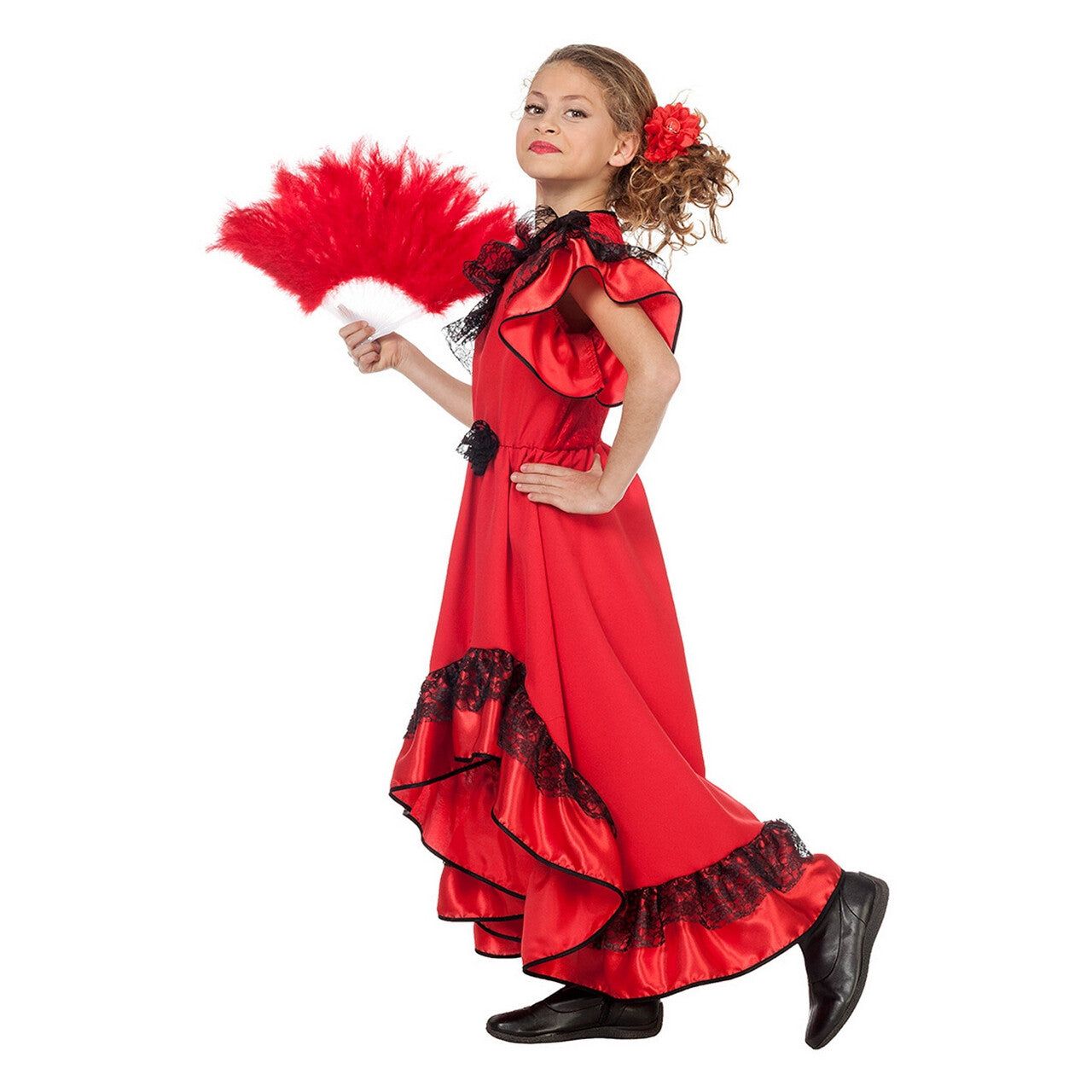 Op deze afbeelding zie je een Kostuums, van het merk Wilbers. Rode Flamenco Jurk Spaanse Senorita Carmen Meisje