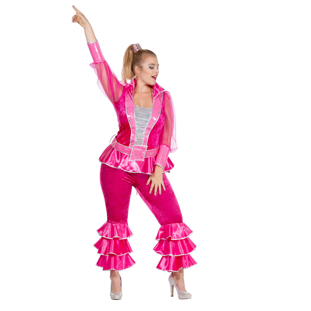 Op deze afbeelding zie je een Kostuums, van het merk Wilbers. Roze Abba Mamma Mia Luxe Vrouw Kostuum
