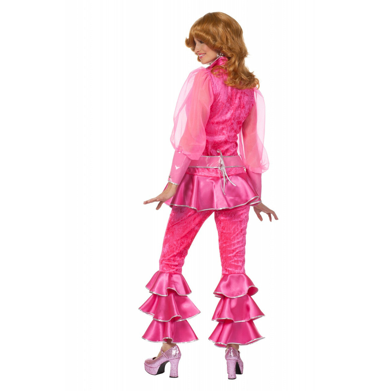 Op deze afbeelding zie je een Kostuums, van het merk Wilbers. Roze Abba Mamma Mia Luxe Vrouw Kostuum