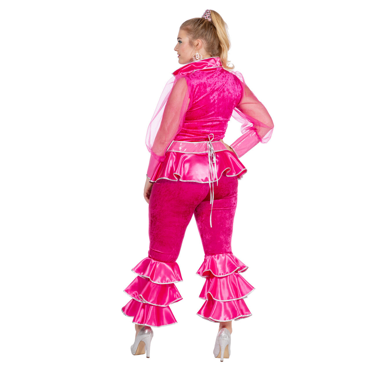 Op deze afbeelding zie je een Kostuums, van het merk Wilbers. Roze Abba Mamma Mia Luxe Vrouw Kostuum