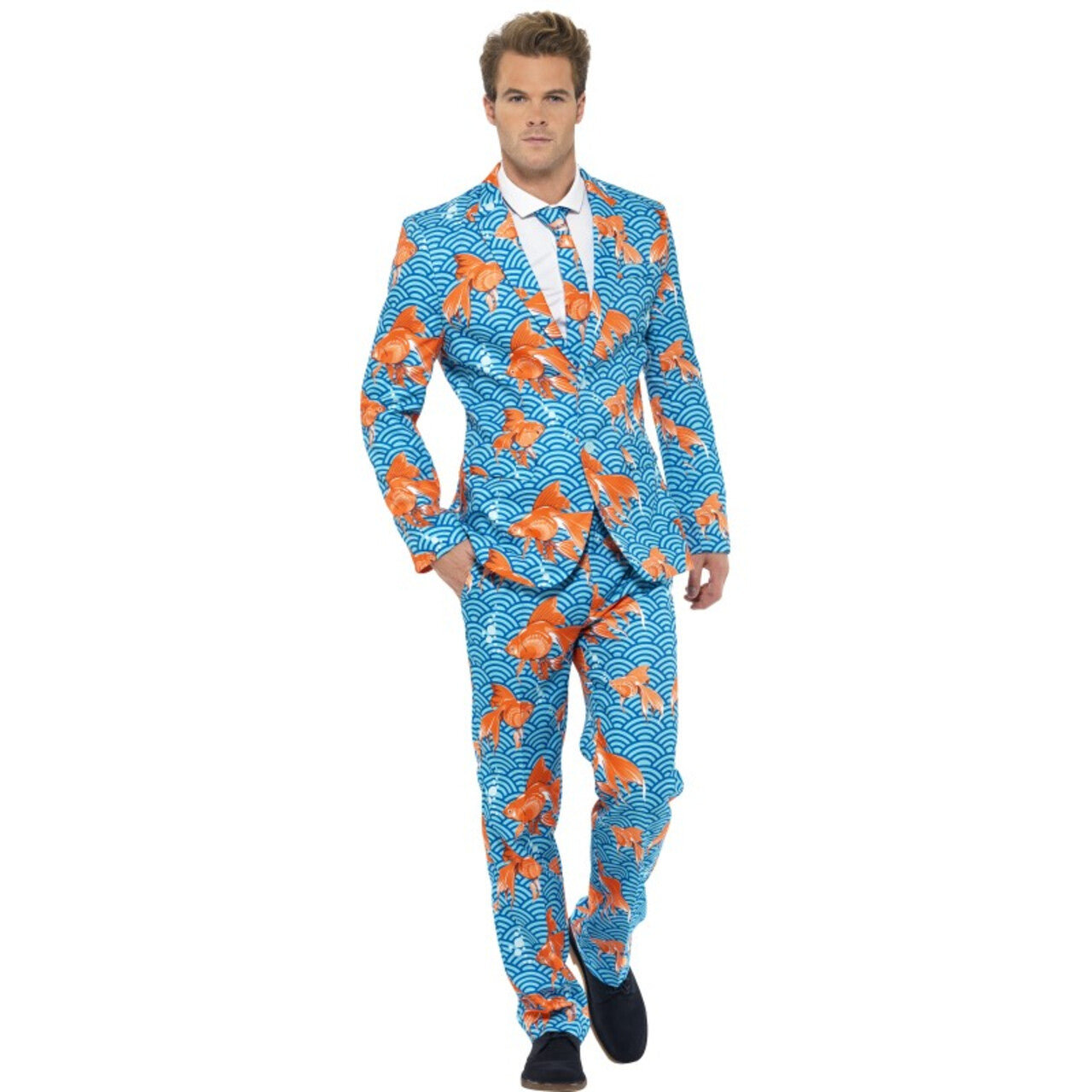 Op deze afbeelding zie je een Kostuums, van het merk Smiffy's. Extravagant Herenkostuum Keurig Pak Goudvissen Man