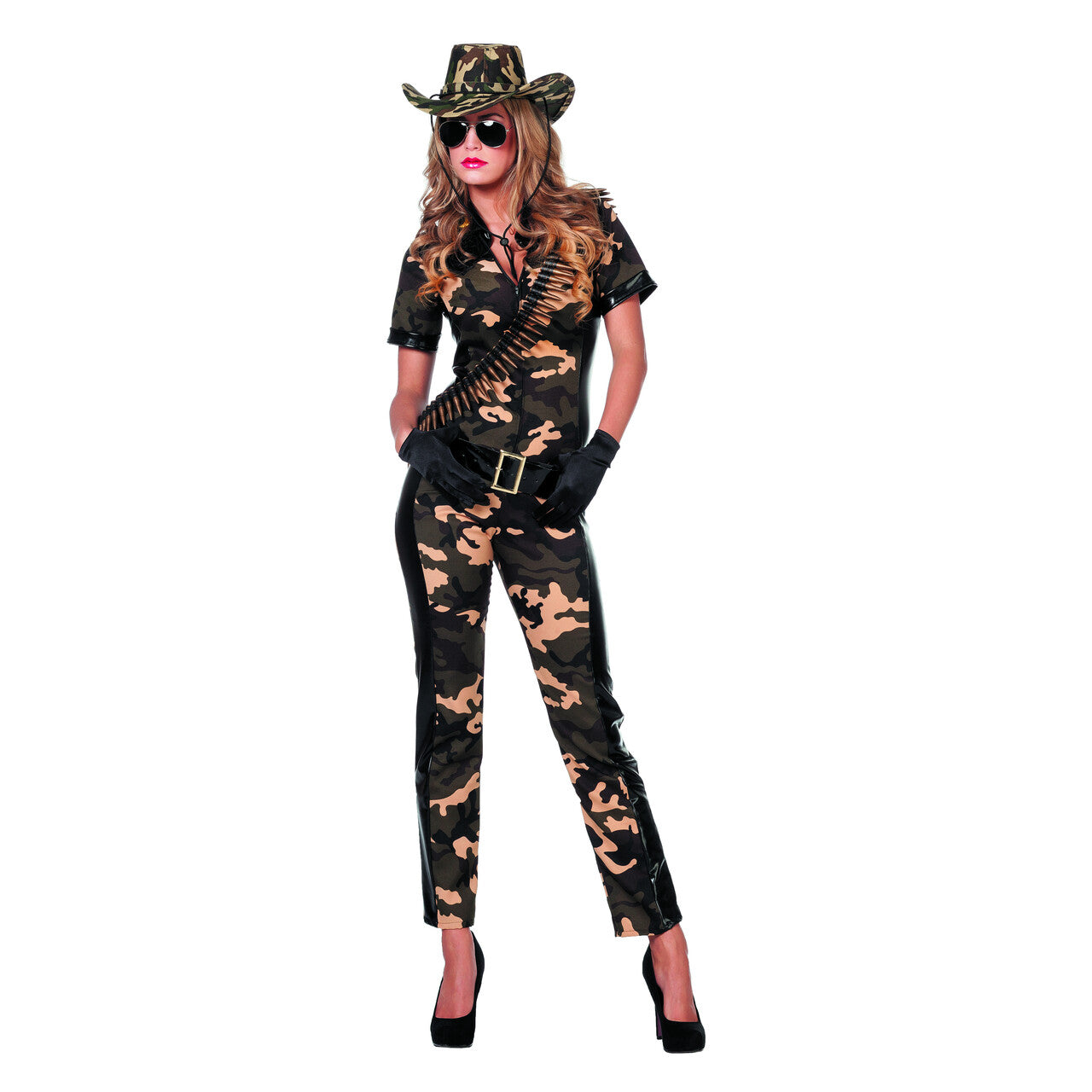 Op deze afbeelding zie je een Kostuums, van het merk Wilbers. Miss Bash Soldate Leger Catsuit Met Groene Camouflage Print Vrouw Kostuum