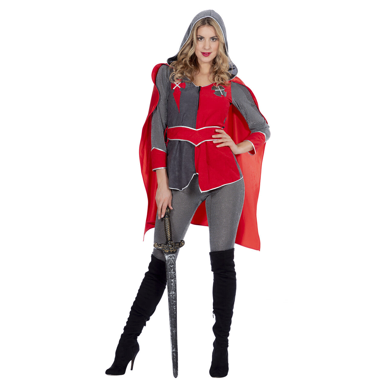 Op deze afbeelding zie je een Kostuums, van het merk Wilbers. Ridders Delight Ridderdame Gwen Grijs / Rood Vrouw Kostuum