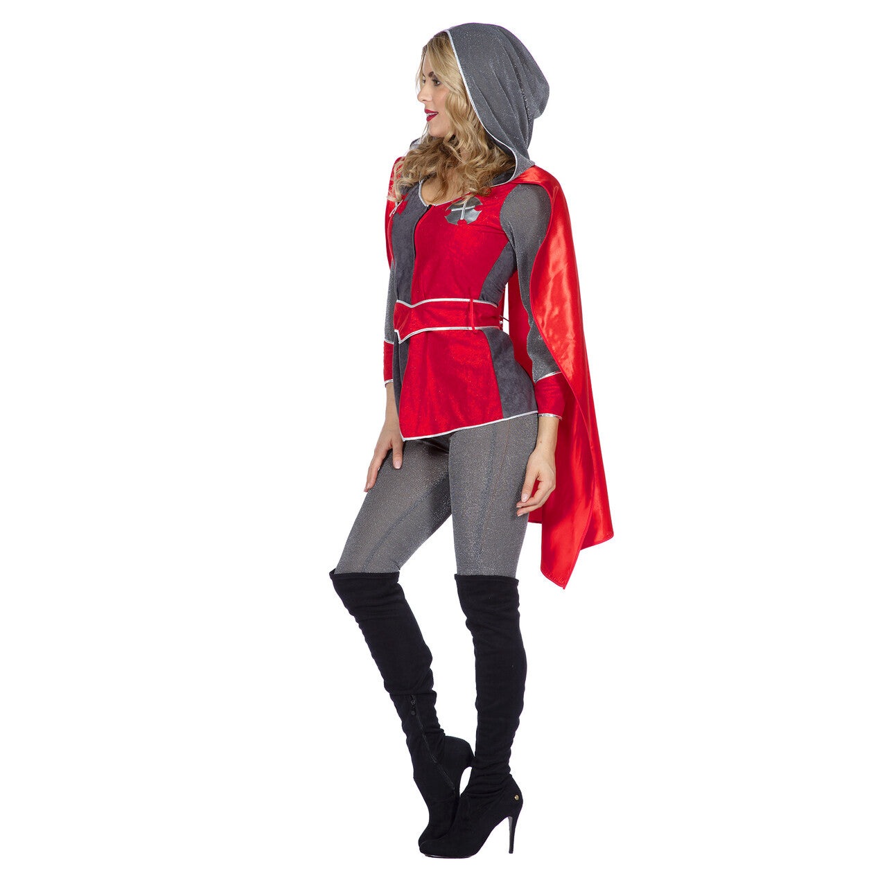 Op deze afbeelding zie je een Kostuums, van het merk Wilbers. Ridders Delight Ridderdame Gwen Grijs / Rood Vrouw Kostuum