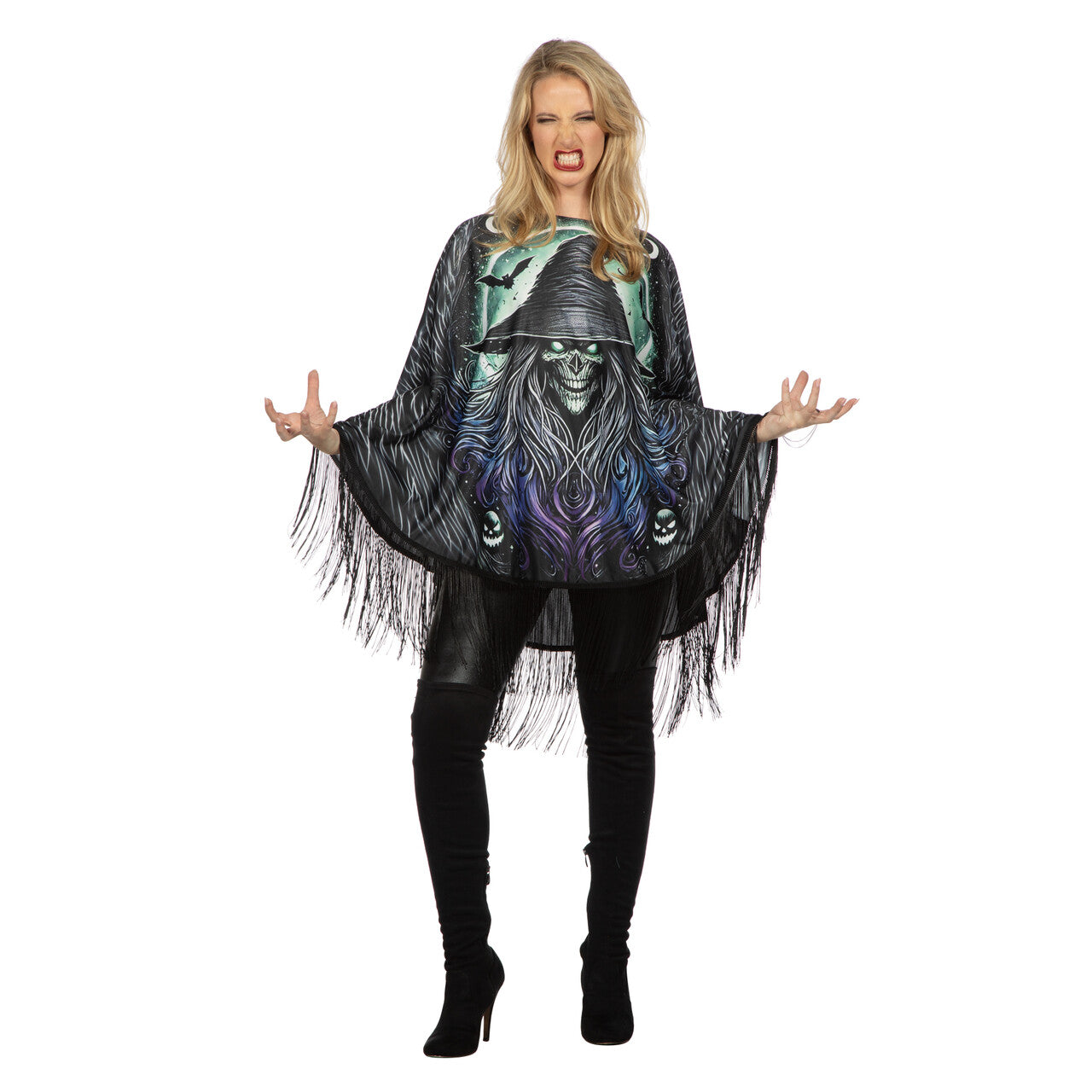 Op deze afbeelding zie je een Kostuums, van het merk Wilbers. Hocus Pocus Heksen Poncho Vrouw