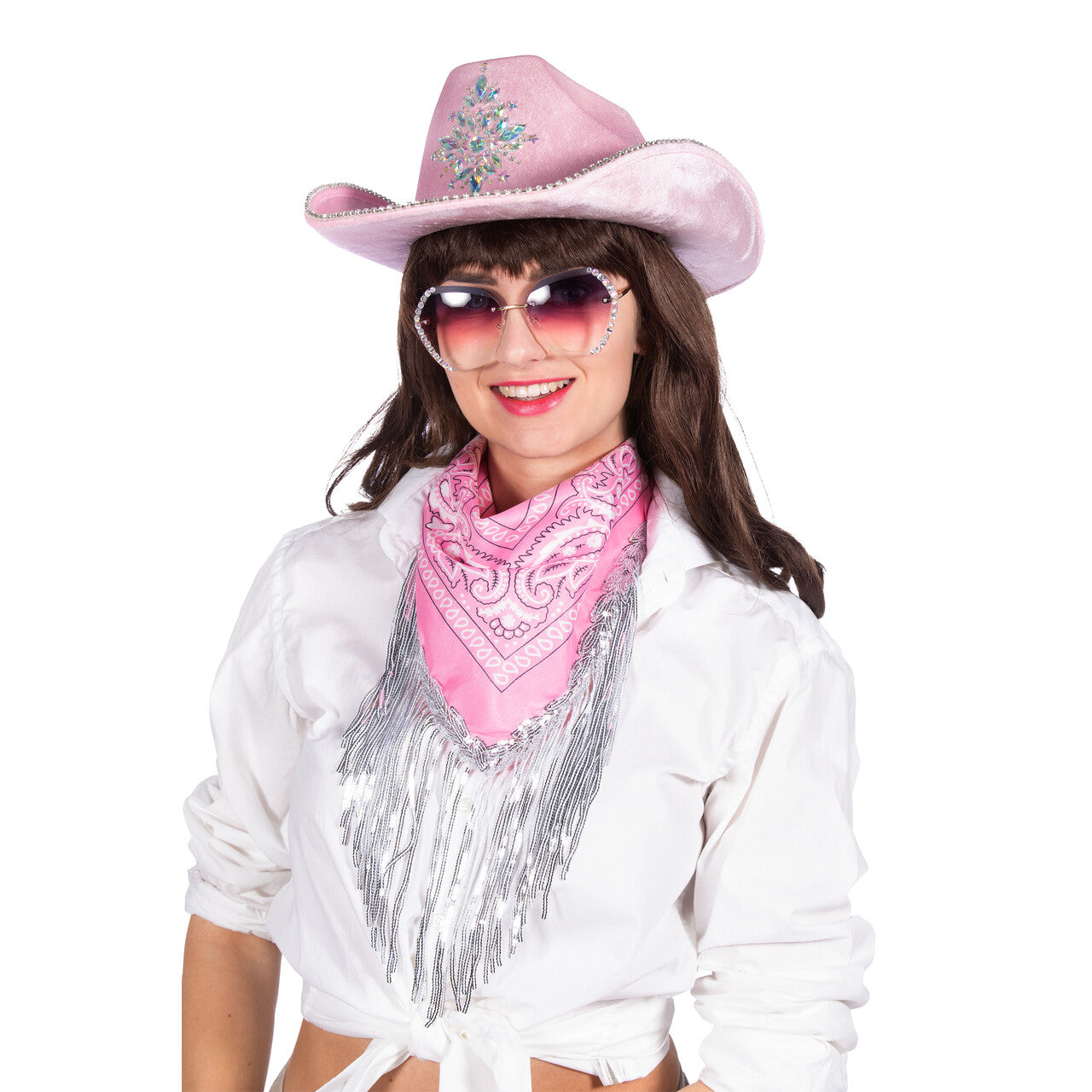 Op deze afbeelding zie je een Accessoires, van het merk Wilbers. Glam Cowgirl Bandana Roze Met Strass Franjes