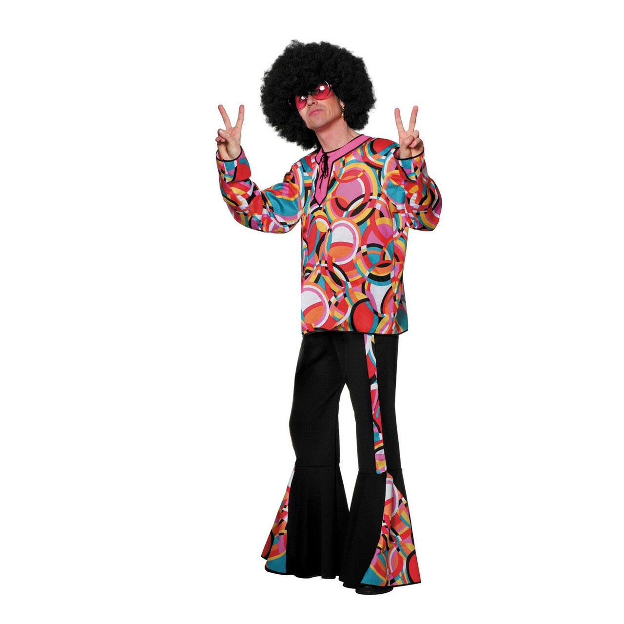Op deze afbeelding zie je een Kostuums, van het merk Wilbers. Roze Hippie Disco Popart Mellow Man Kostuum