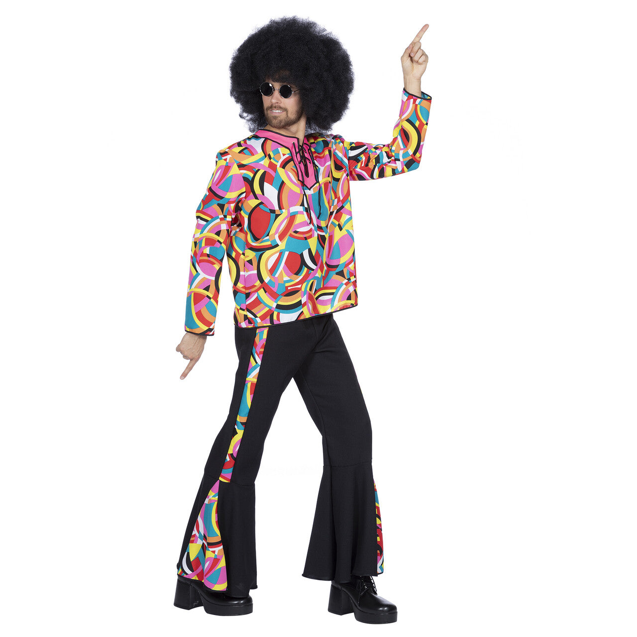 Op deze afbeelding zie je een Kostuums, van het merk Wilbers. Roze Hippie Disco Popart Mellow Man Kostuum