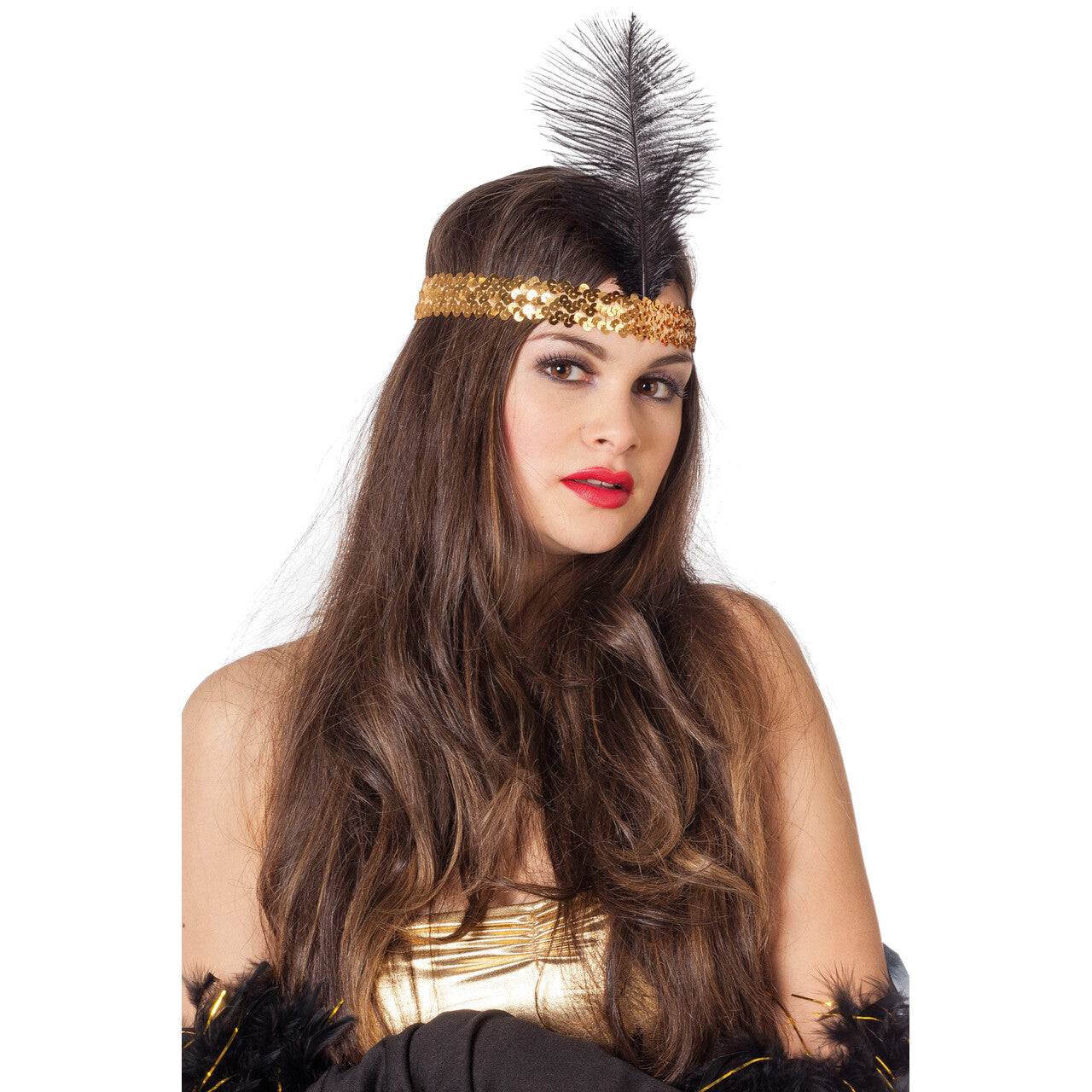 Op deze afbeelding zie je een Accessoires, van het merk Wilbers. Glam Party Charleston Hoofdband Met Veer Geel / Goud