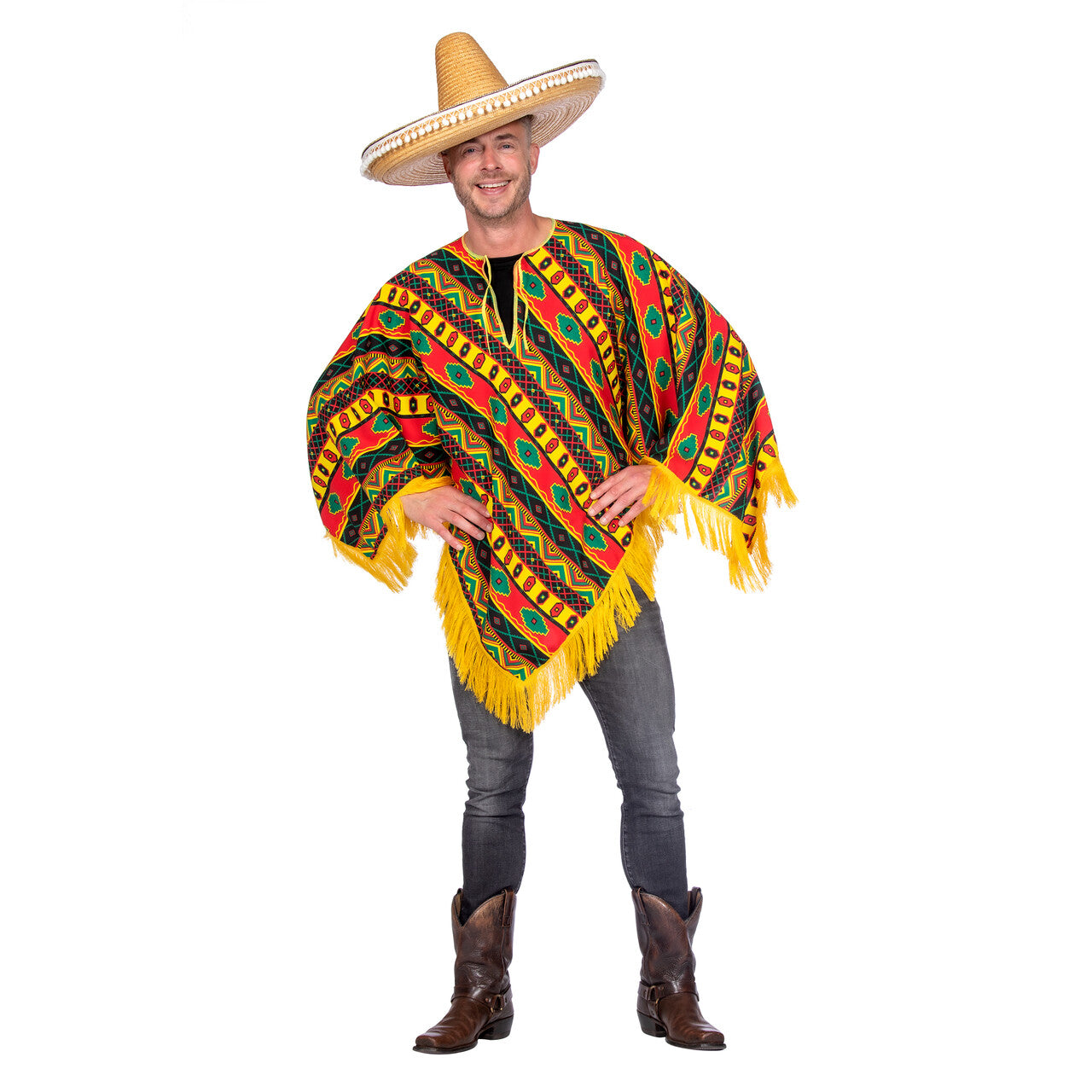 Op deze afbeelding zie je een Kostuums, van het merk Wilbers. Rood-Geel-Groene Mexicaan Poncho Higuitta Man Kostuum