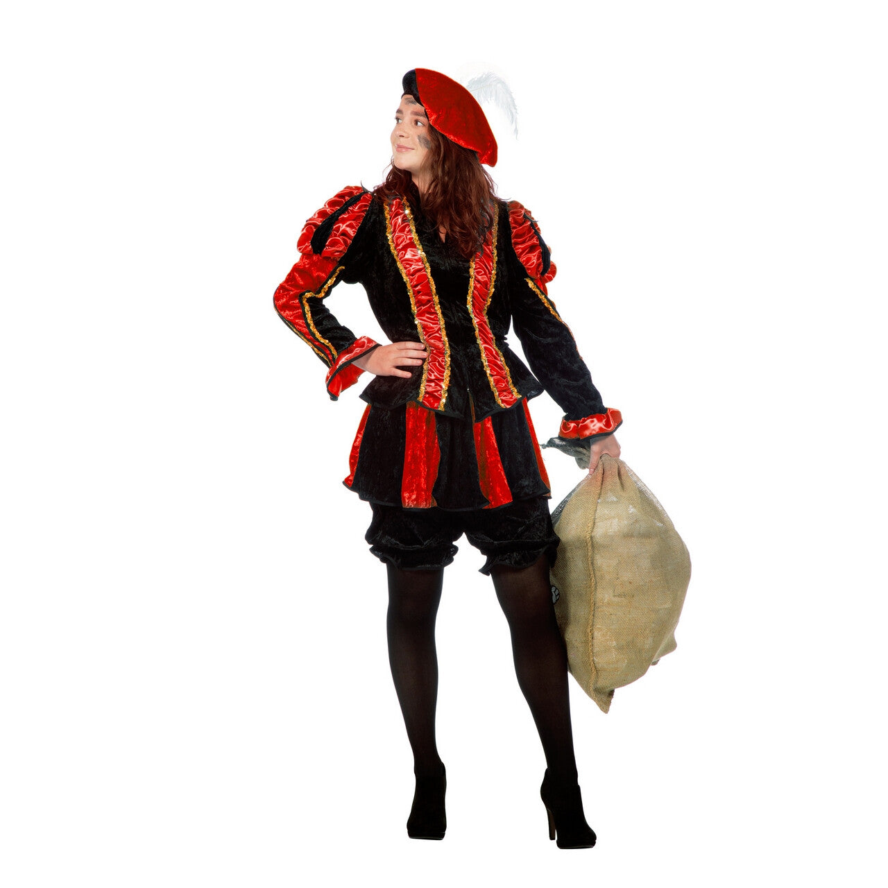 Op deze afbeelding zie je een Kostuums, van het merk Wilbers. Dieprode Gestreepte Piet Dames Pietenpak Vrouw Kostuum