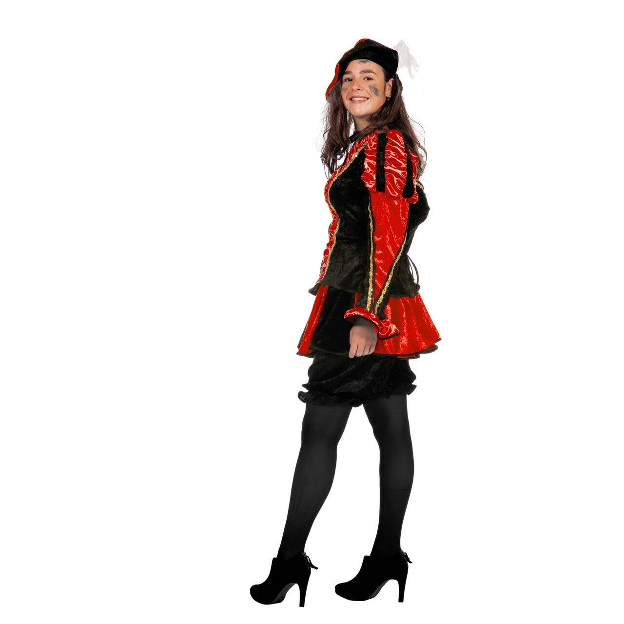 Op deze afbeelding zie je een Kostuums, van het merk Wilbers. Dieprode Gestreepte Piet Dames Pietenpak Vrouw Kostuum