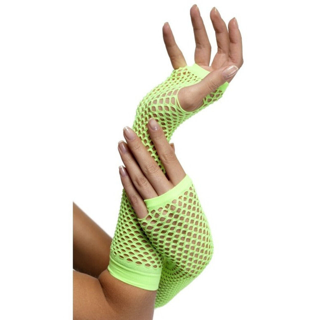 Op deze afbeelding zie je een Accessoires, van het merk Smiffy's. Lange Neon Groene Vingerloze Visnet Handschoenen Vrouw