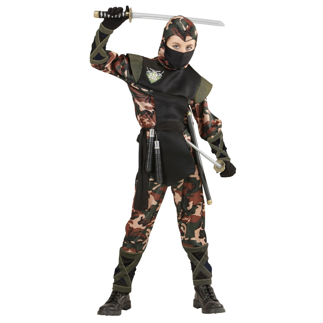 Op deze afbeelding zie je een Kostuums, van het merk Widmann. Ninja Soldaat Camouflage Jongen Kostuum