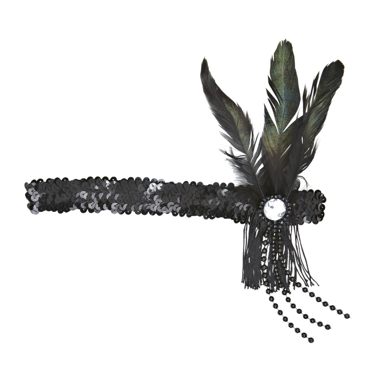 Op deze afbeelding zie je een Accessoires, van het merk Widmann. Hoofdband Pailletten Zwart Met Veren En Parels