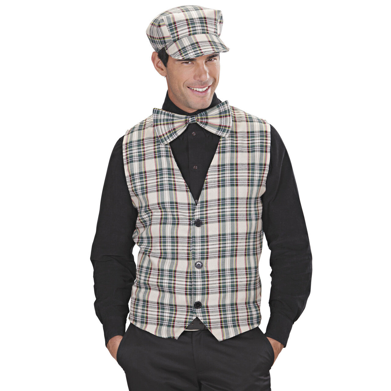 Op deze afbeelding zie je een Kostuums, van het merk Widmann. Vest Schotse Ruit Beige
