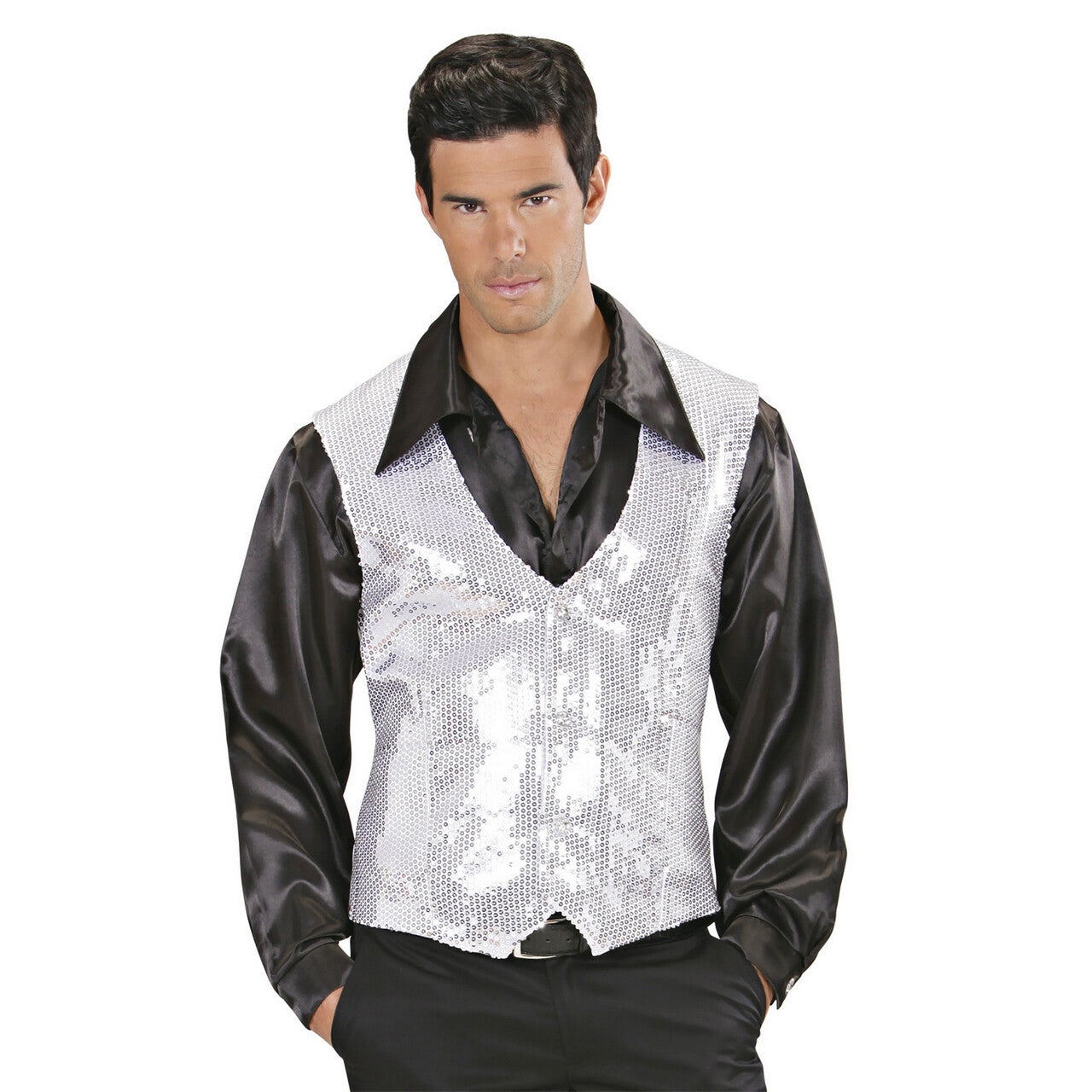 Op deze afbeelding zie je een Kostuums, van het merk Widmann. Showmaster Pailletten Vest Zilver Man