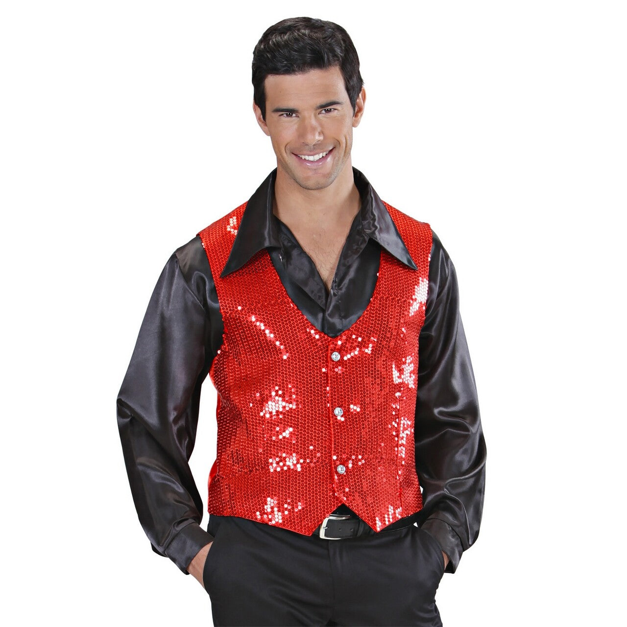 Op deze afbeelding zie je een Kostuums, van het merk Widmann. Showmaster Pailletten Vest Rood Man