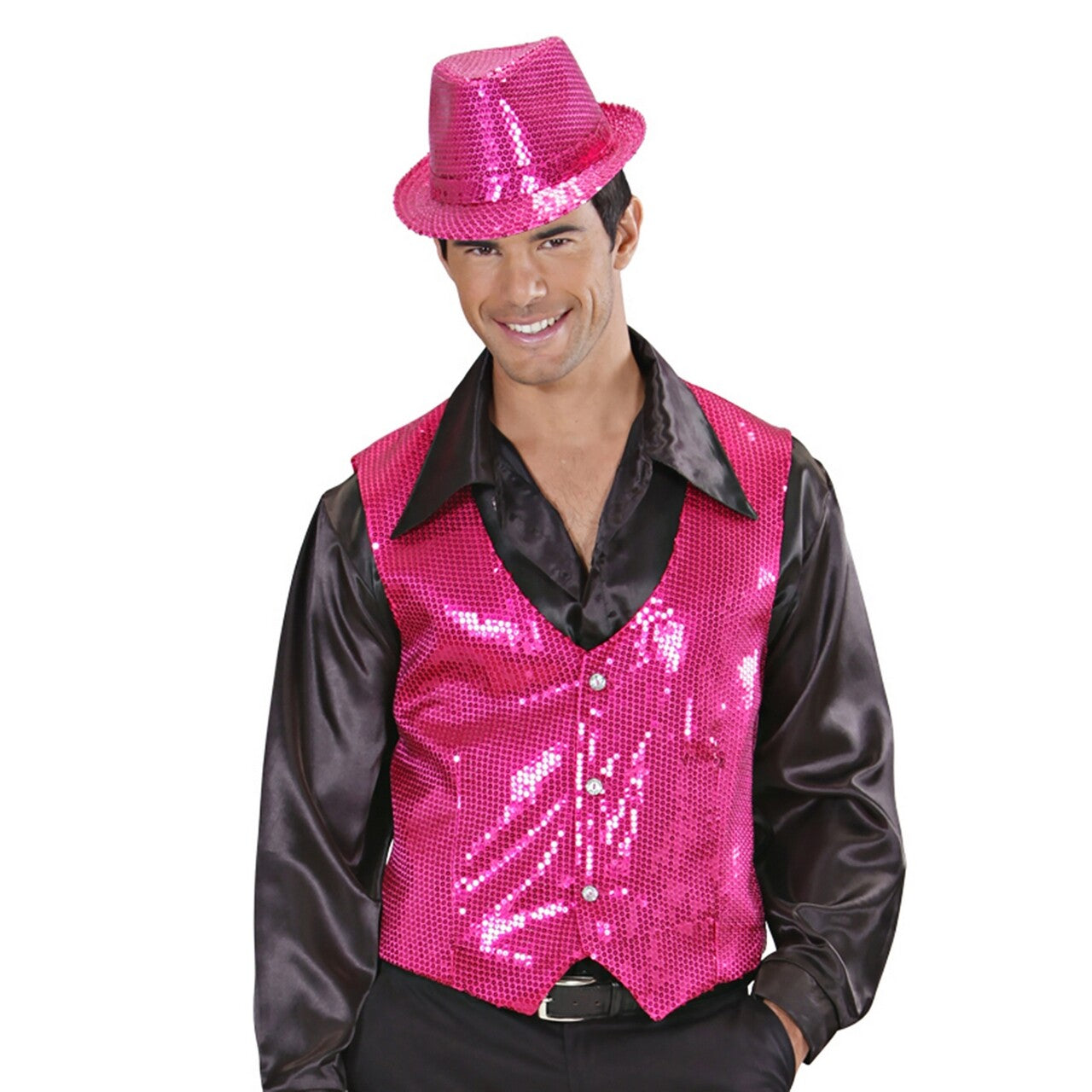 Op deze afbeelding zie je een Kostuums, van het merk Widmann. Showmaster Pailletten Vest Roze Man