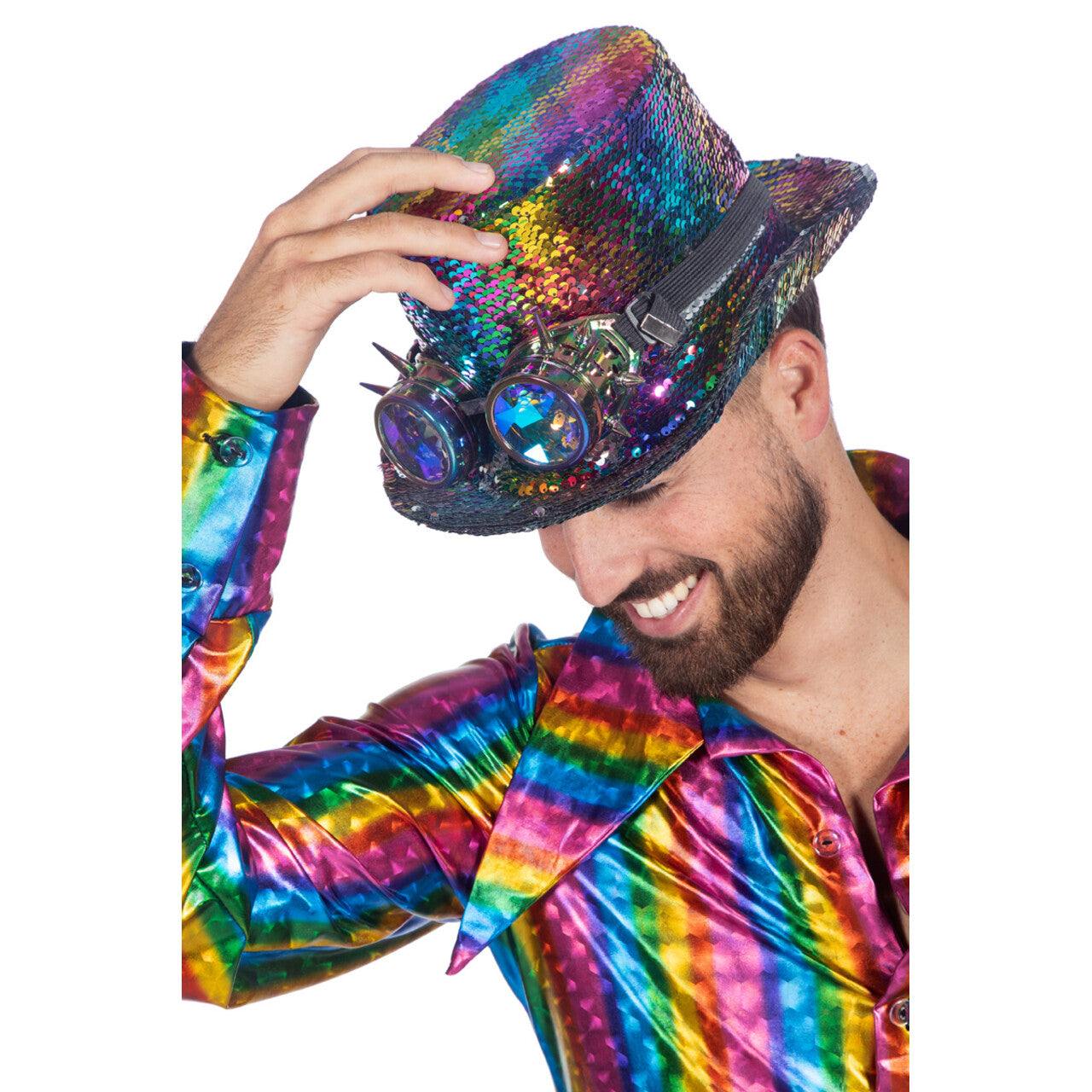 Op deze afbeelding zie je een Accessoires, van het merk Wilbers. Hoge Hoed Burning Man Rainbow Pailletten Met Bril