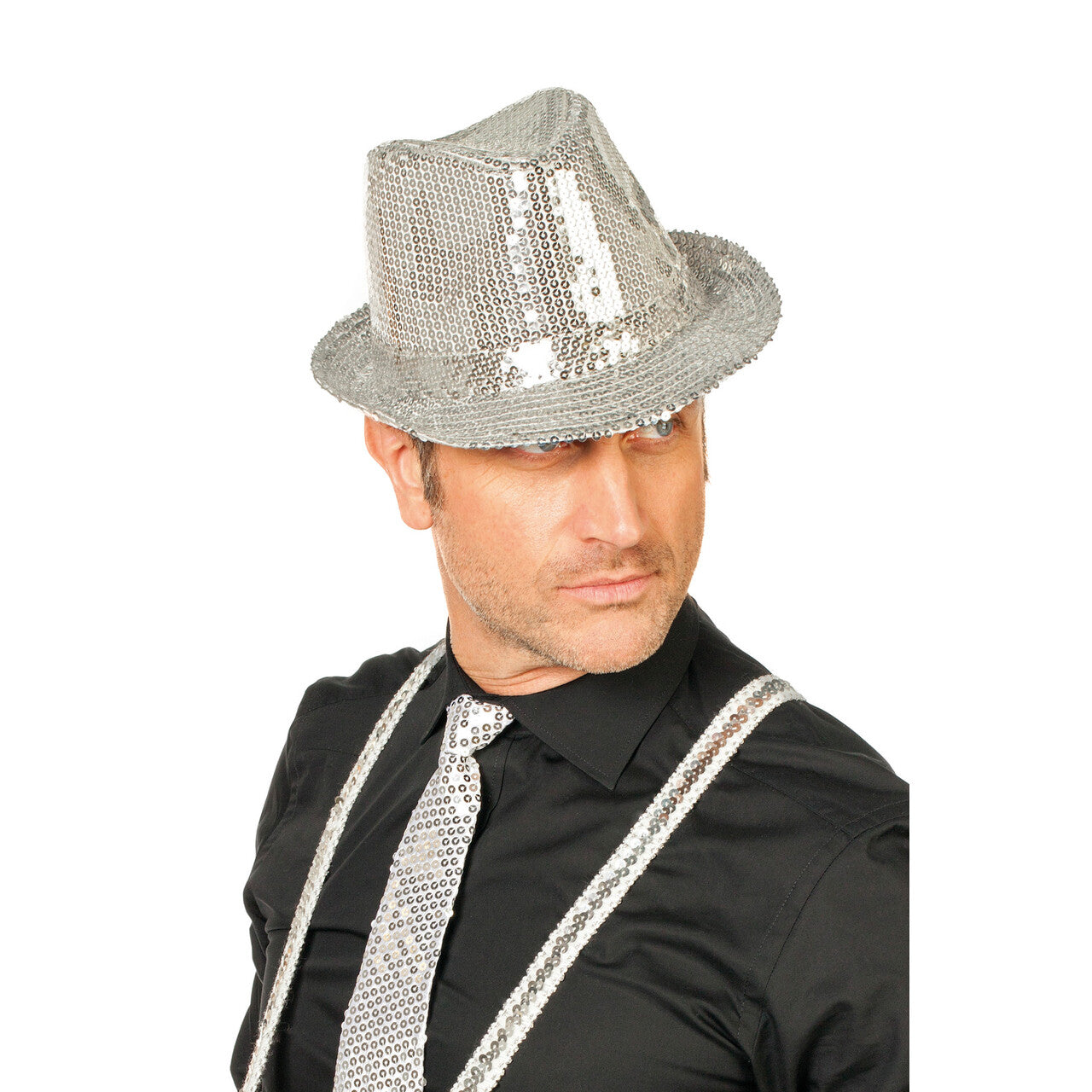 Op deze afbeelding zie je een Accessoires, van het merk Wilbers. Mister Showman Gangsterhoed Pailletten Zilver