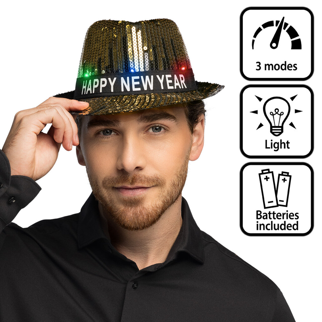 Op deze afbeelding zie je een Accessoires, van het merk Boland. Gouden Happy New Year Hoed Met Licht
