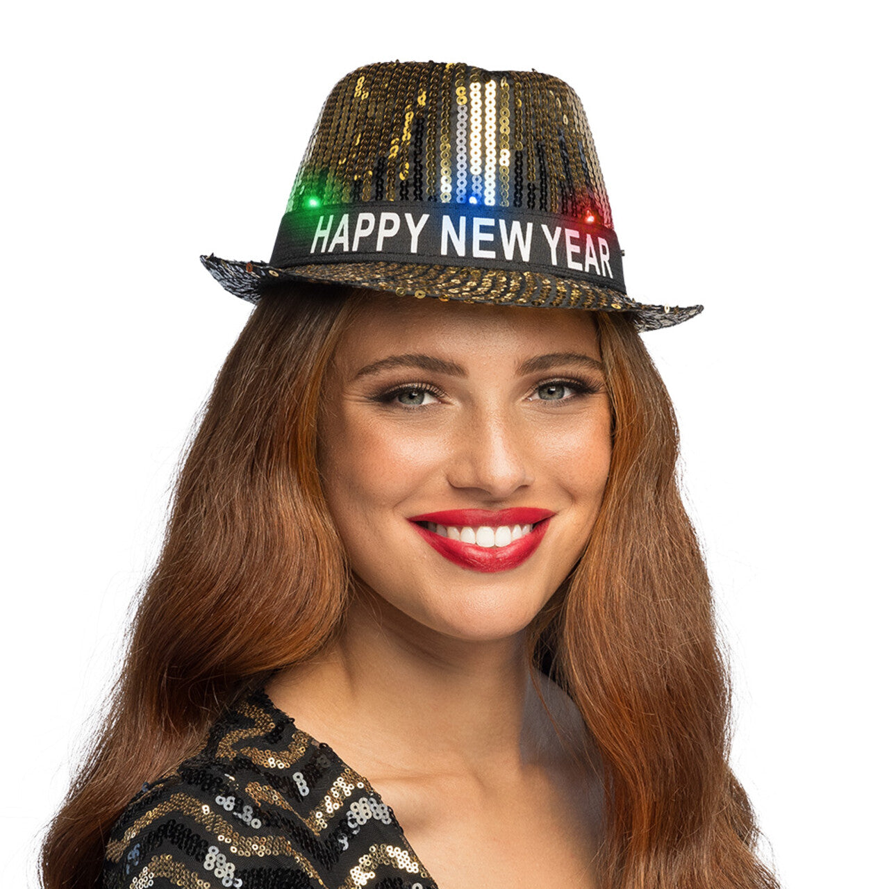 Op deze afbeelding zie je een Accessoires, van het merk Boland. Gouden Happy New Year Hoed Met Licht