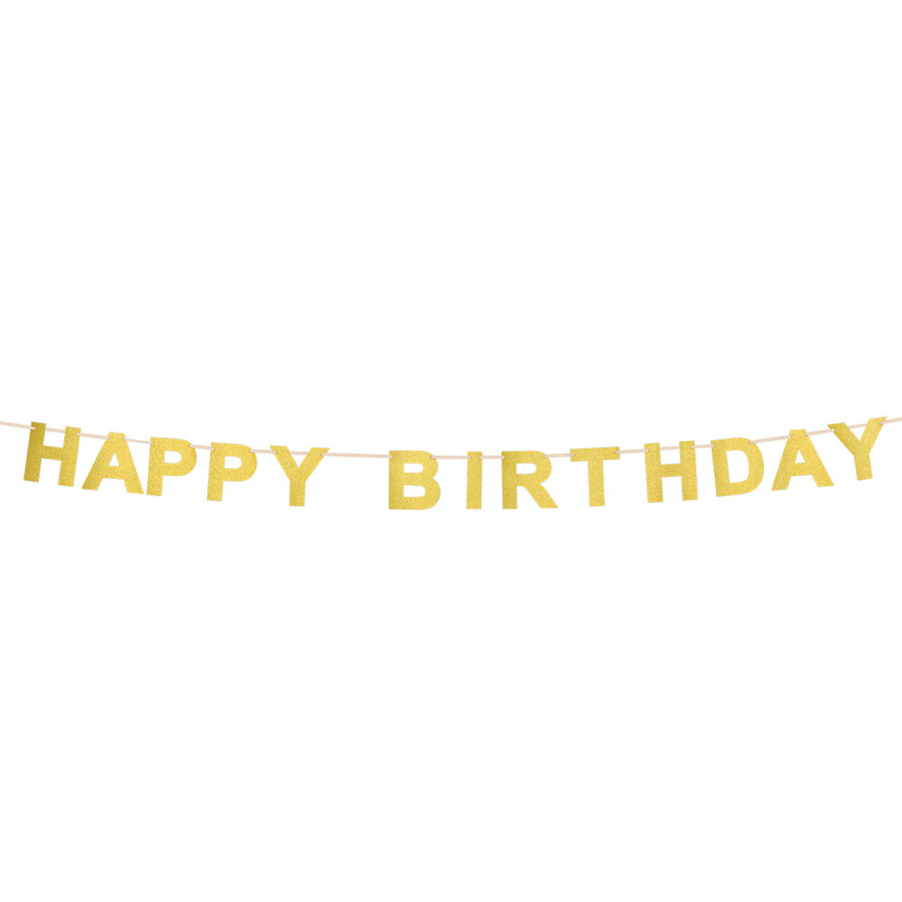 Op deze afbeelding zie je een Decoratie, van het merk Boland. Kartonnen Glitter Letterslinger Happy Birthday Goud