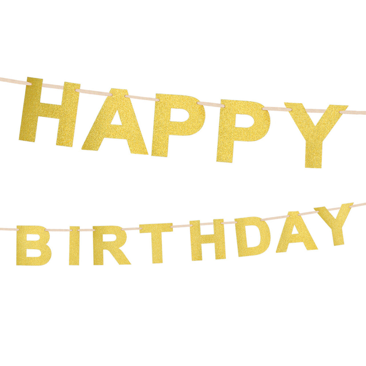 Op deze afbeelding zie je een Decoratie, van het merk Boland. Kartonnen Glitter Letterslinger Happy Birthday Goud