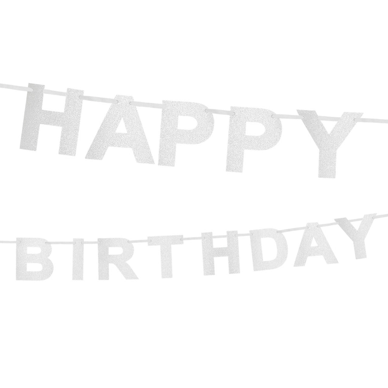 Op deze afbeelding zie je een Decoratie, van het merk Boland. Kartonnen Glitter Letterslinger Happy Birthday Zilver