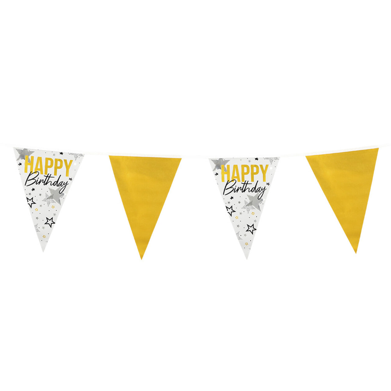 Op deze afbeelding zie je een Decoratie, van het merk Boland. Vlaggenlijn Happy Birthday Wit / Goud
