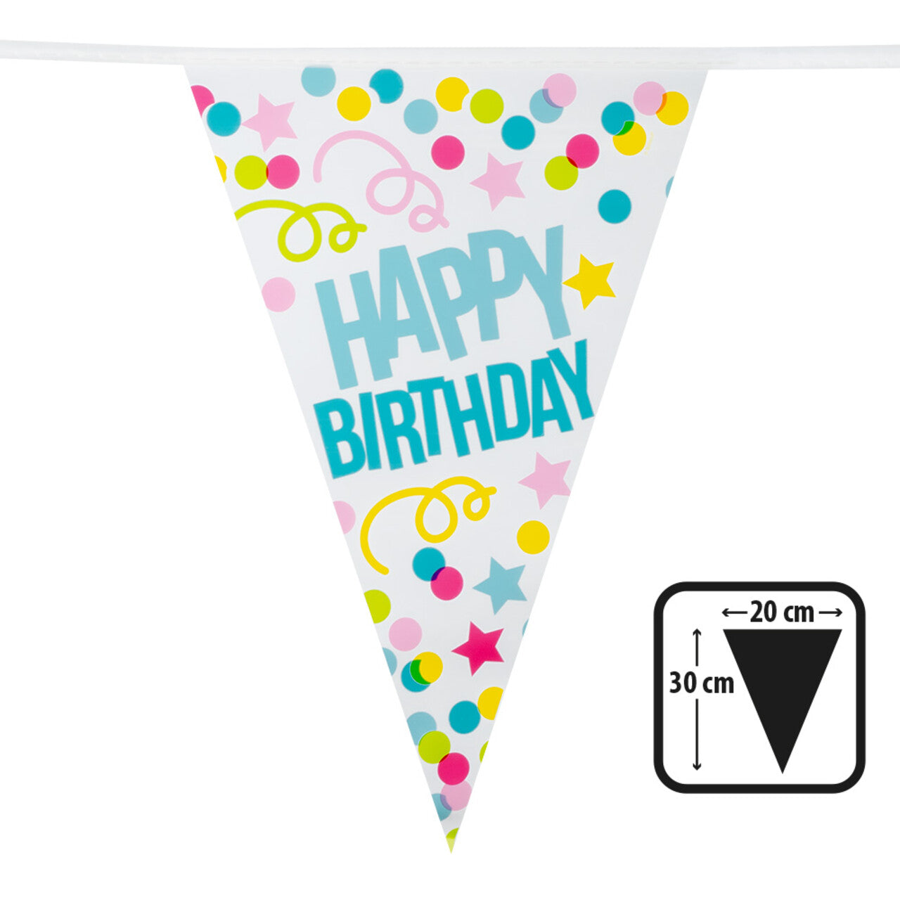Op deze afbeelding zie je een Decoratie, van het merk Boland. Vlaggenlijn Happy Birthday Confetti