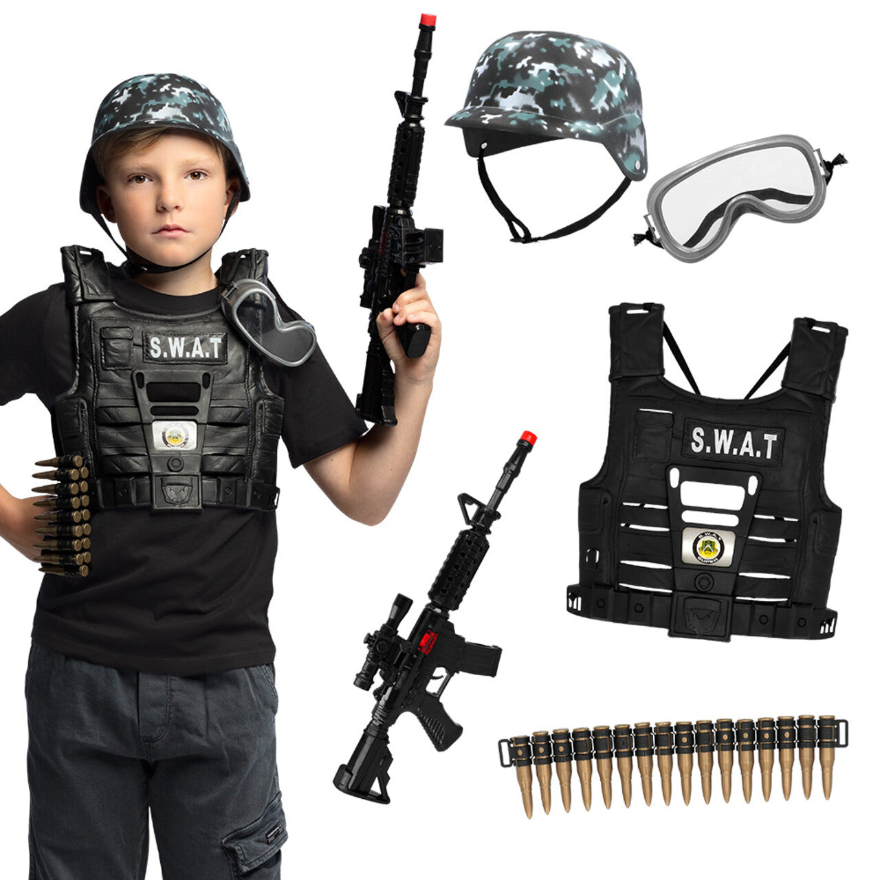 Op deze afbeelding zie je een Kostuums, van het merk Boland. Kinderset s.w.a.t (Helm, Vest, Veiligheidsbril, Kogelriem, Geweer) Kind Kostuum