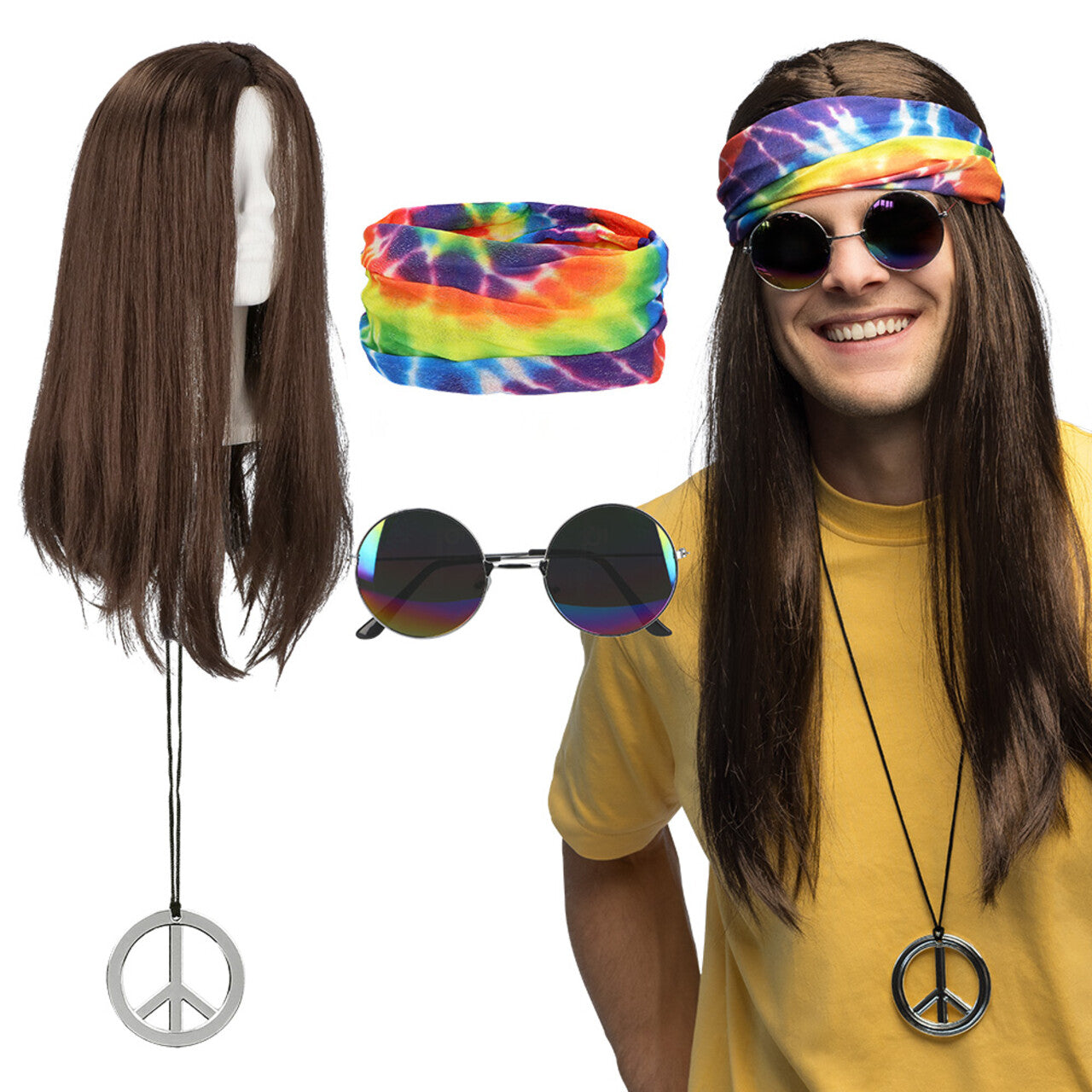 Op deze afbeelding zie je een Accessoires, van het merk Boland. Set Hippie John (Hoofdband, Partybril, Pruik En Ketting)