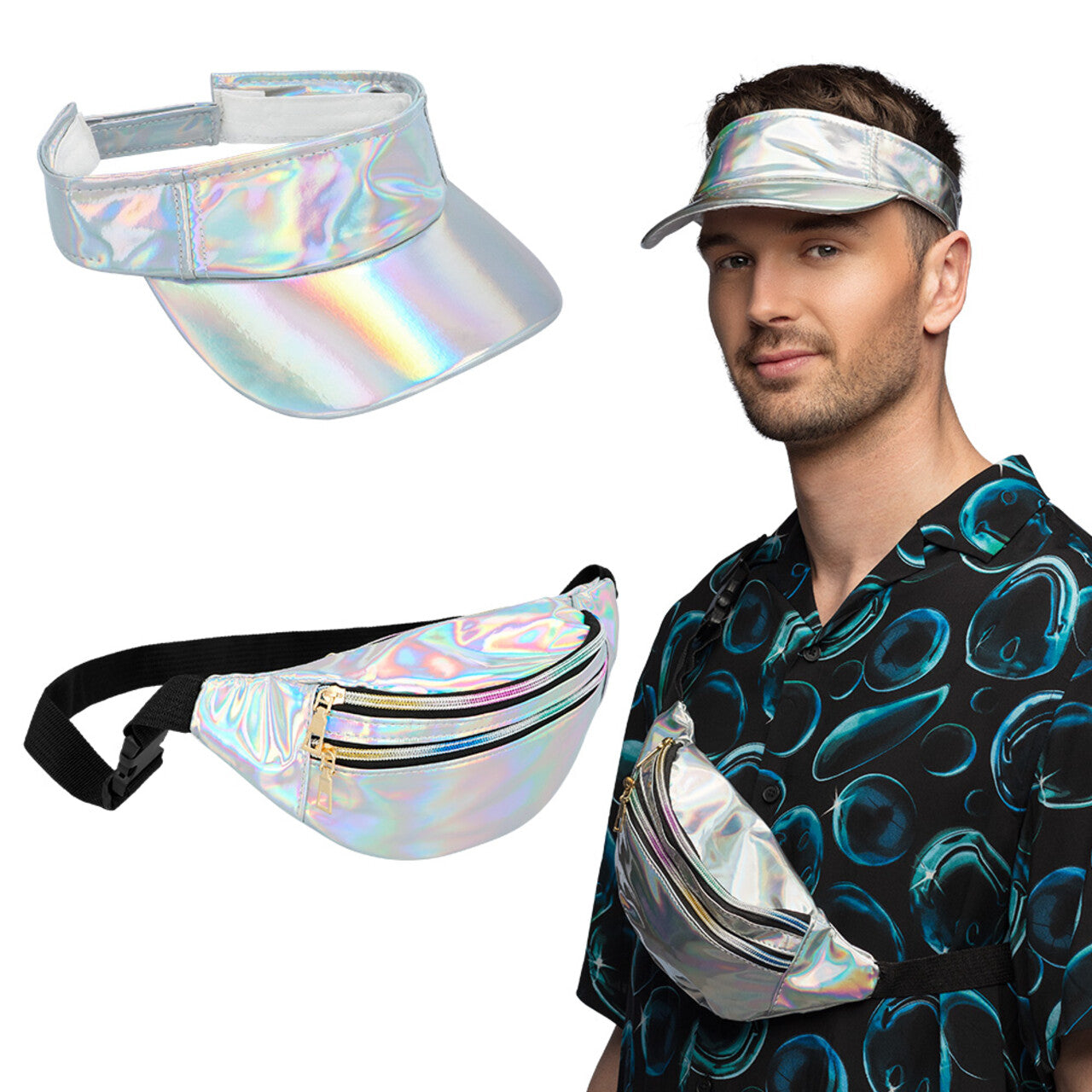 Op deze afbeelding zie je een Accessoires, van het merk Boland. Set Holo Festival Zilver (Zonneklep En Heuptasje)