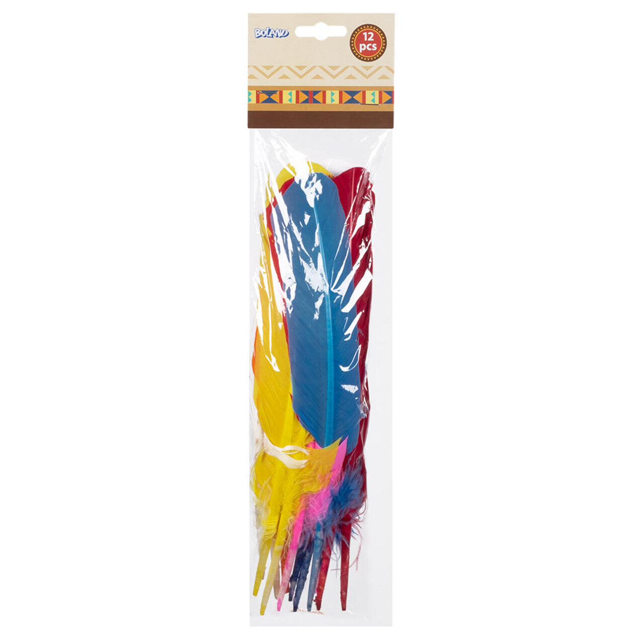Op deze afbeelding zie je een Decoratie, van het merk Boland. Set 12 Stuks Veren 7 Kleuren 30 Centimeter