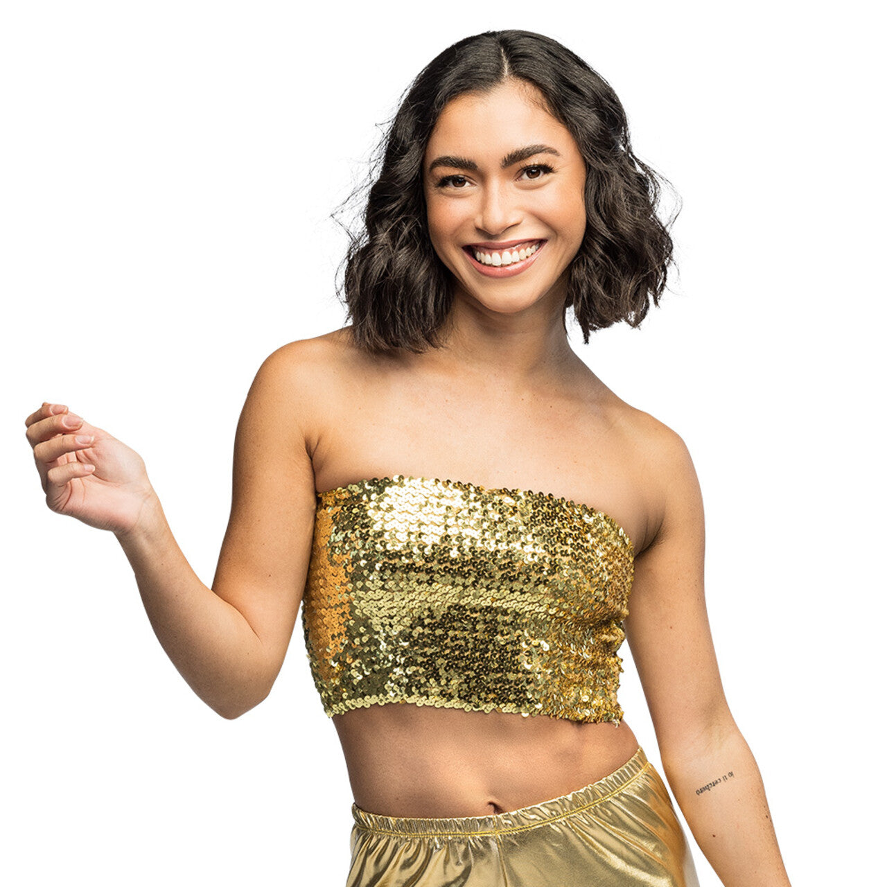 Op deze afbeelding zie je een Kostuums, van het merk Boland. Festival Top Sparkle Goud Pailletten Vrouw Kostuum