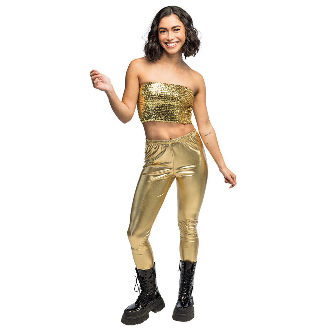 Op deze afbeelding zie je een Kostuums, van het merk Boland. Festival Top Sparkle Goud Pailletten Vrouw Kostuum