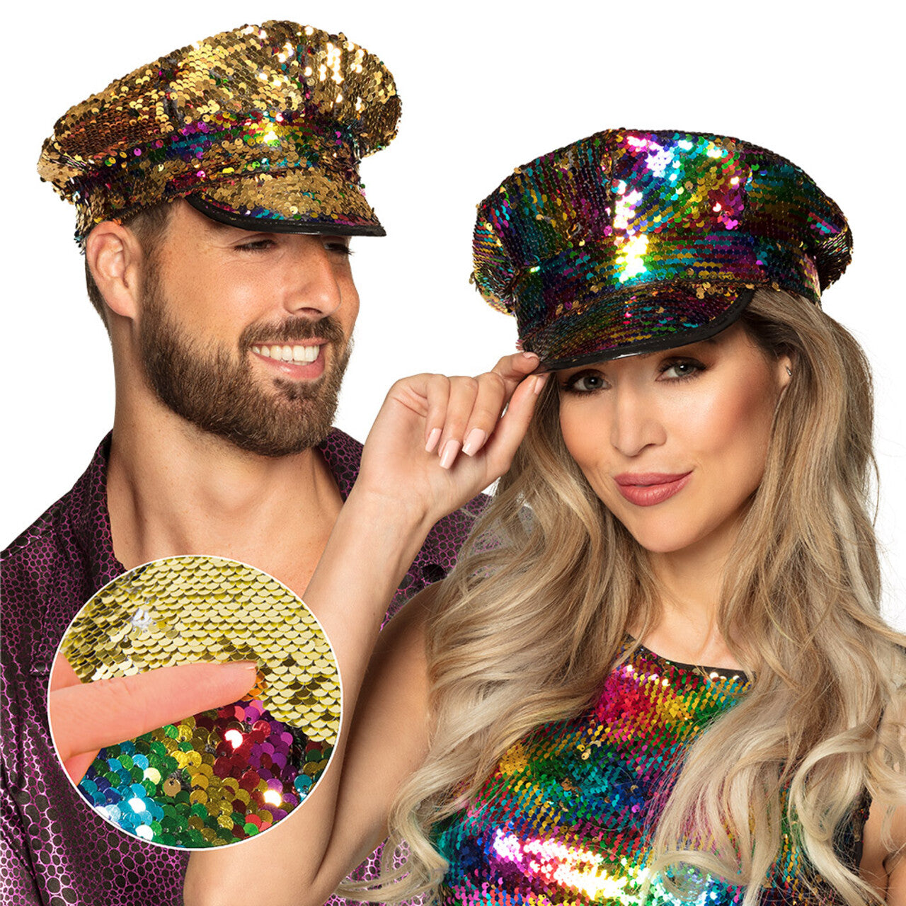 Op deze afbeelding zie je een Accessoires, van het merk Boland. Kapiteinspet Rainbow Switch (Omkeerbare Pailletten Regenboog / Goud)