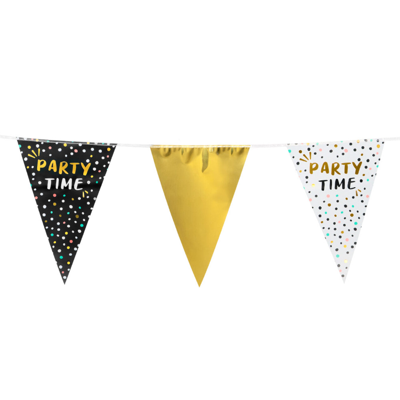 Op deze afbeelding zie je een Decoratie, van het merk Boland. Folie Vlaggenlijn Party Time Zwart Goud Wit