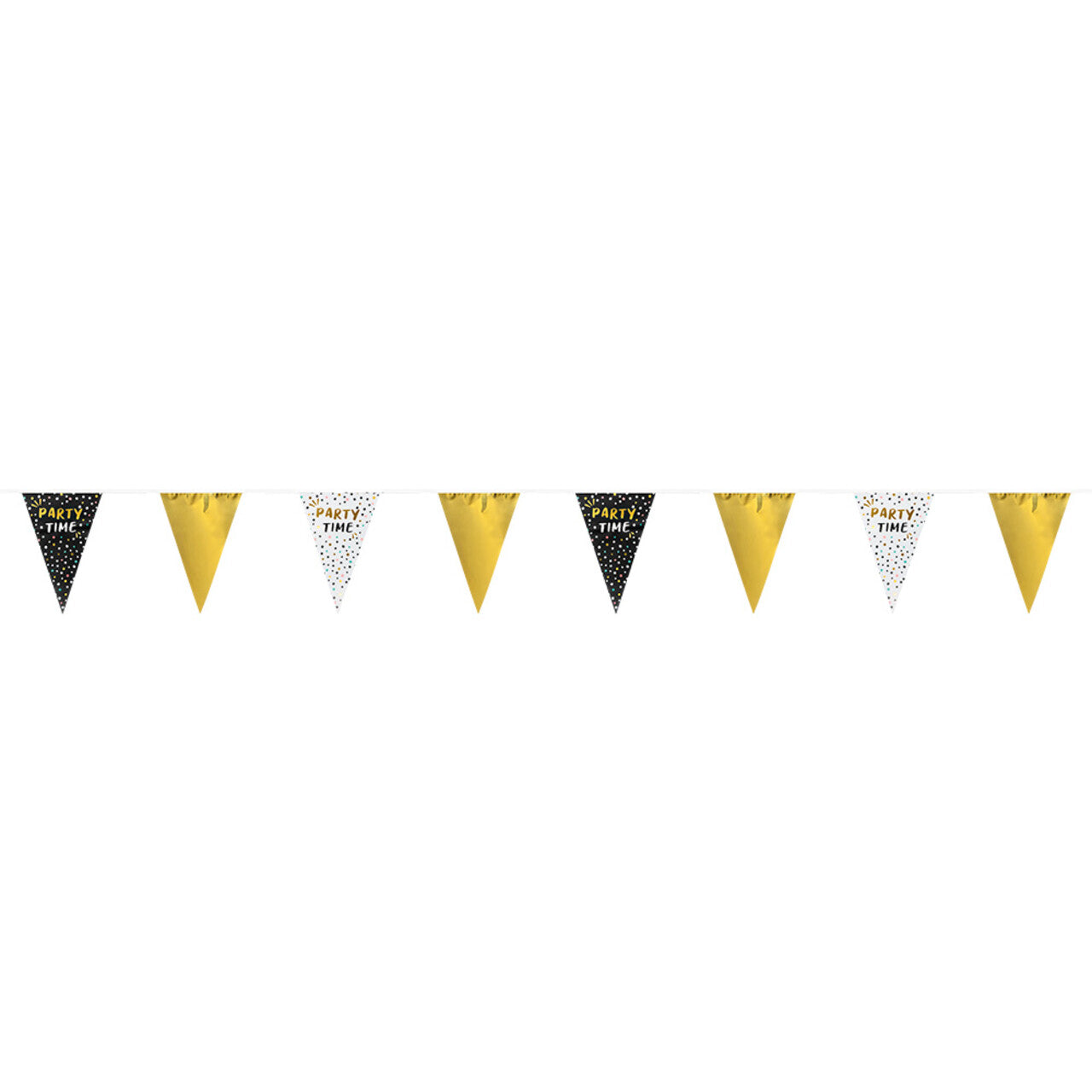 Op deze afbeelding zie je een Decoratie, van het merk Boland. Folie Vlaggenlijn Party Time Zwart Goud Wit
