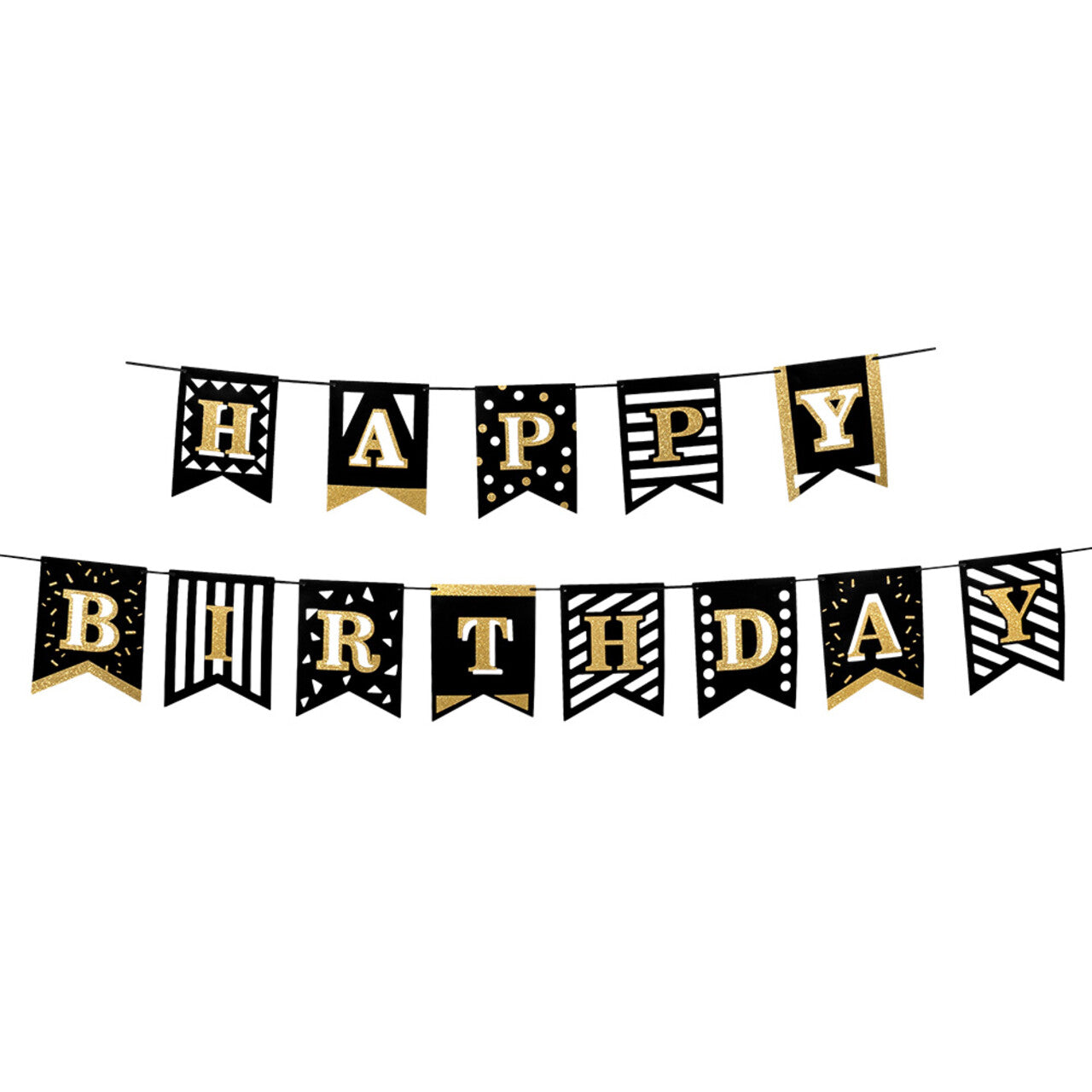 Op deze afbeelding zie je een Decoratie, van het merk Boland. Kartonnen Letterslinger Party Time Happy Birthday Goud / Zwart