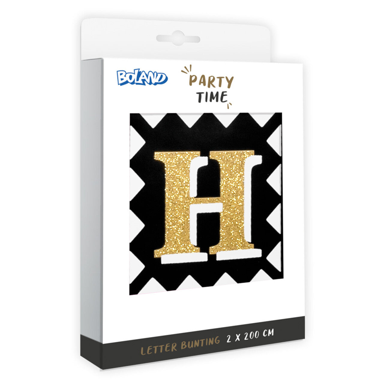 Op deze afbeelding zie je een Decoratie, van het merk Boland. Kartonnen Letterslinger Party Time Happy Birthday Goud / Zwart