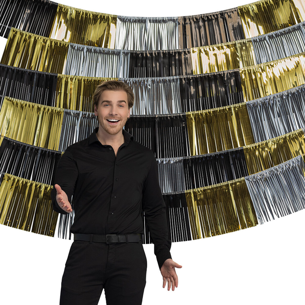 Op deze afbeelding zie je een Decoratie, van het merk Boland. Franje Slinger Party Time 6-Delig Goud Zilver Zwart