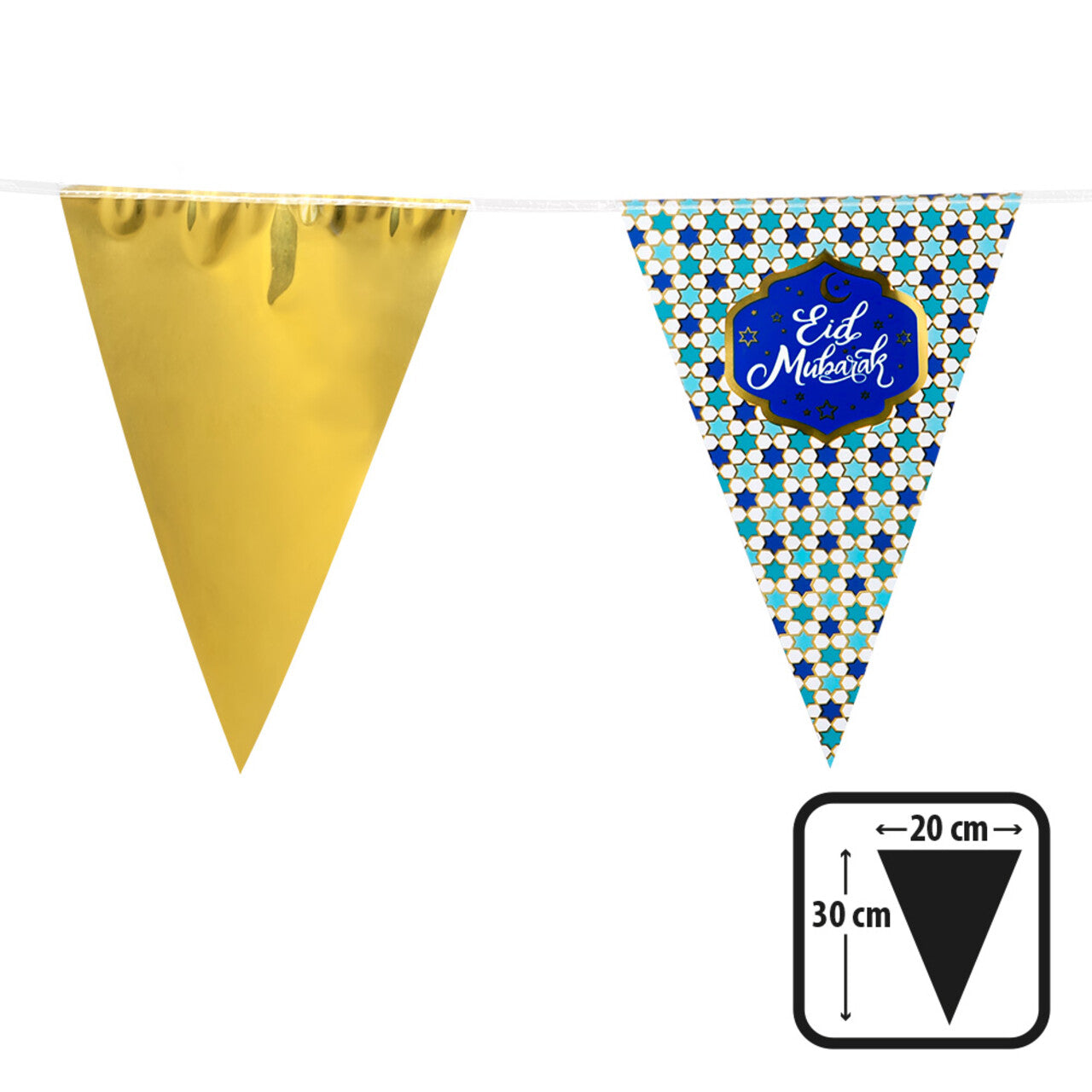 Op deze afbeelding zie je een Decoratie, van het merk Boland. Folie Vlaggenlijn Eid Mubarak Blauw / Goud